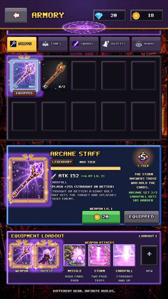 The Armory showing the legendary Arcane Staff, its attack power and the bonus it gives to strong hands.