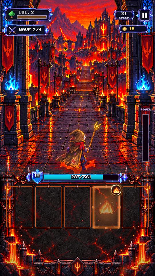 Battle in the Lava Stronghold: the hero faces a fortress bridge lined with blue-flame braziers, with his health bar and card table below.