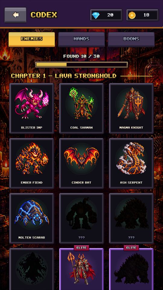 The Codex of Lava Stronghold enemies, including the Blister Imp, Coal Shaman, Magma Knight and Cinder Bat, with undiscovered ones shown as silhouettes.