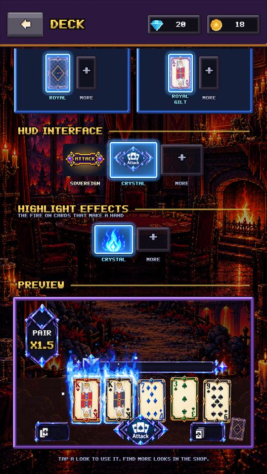 The Deck screen: choose card backs, card faces, the HUD style and the fire effect on made hands, with a live preview.