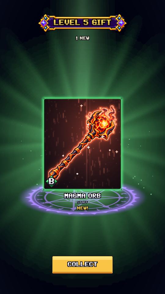 A Level 5 gift reveal: a new Magma Orb staff glowing over a summoning circle with a Collect button.