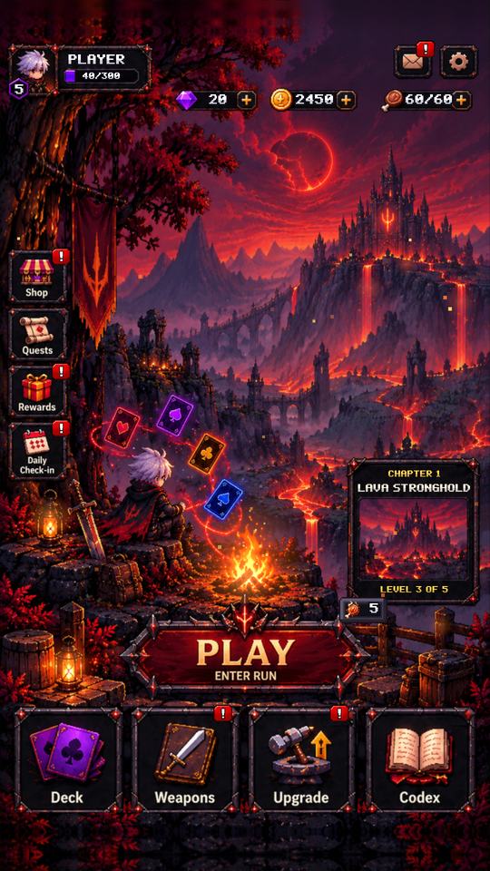 The home screen: a lava camp under a red moon, with the Play button and Deck, Weapons, Upgrade and Codex buttons.